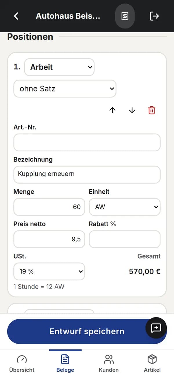 Kostenvoranschlag mit Arbeitswerten, Teilen und Fahrzeugdaten