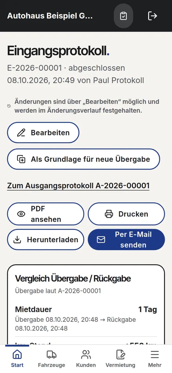 Rückgabe mit Vergleich zur Übergabe und Nachberechnung