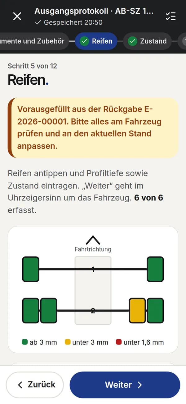 Reifen antippen, Profiltiefe eintragen – farbig nach Zustand