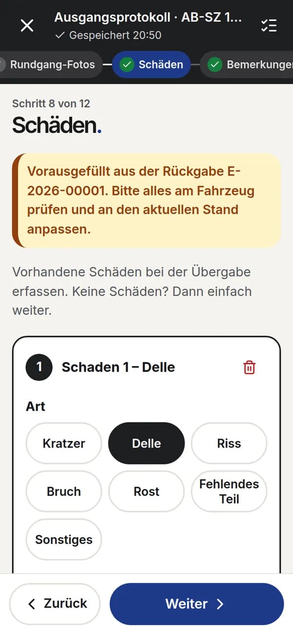 Schäden mit Art, Schwere, Skizze und Foto