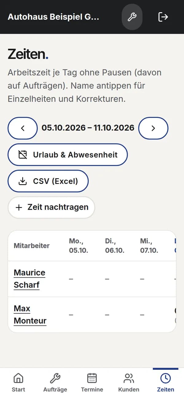 Arbeitszeiten aller Mitarbeiter, Export für die Lohnabrechnung
