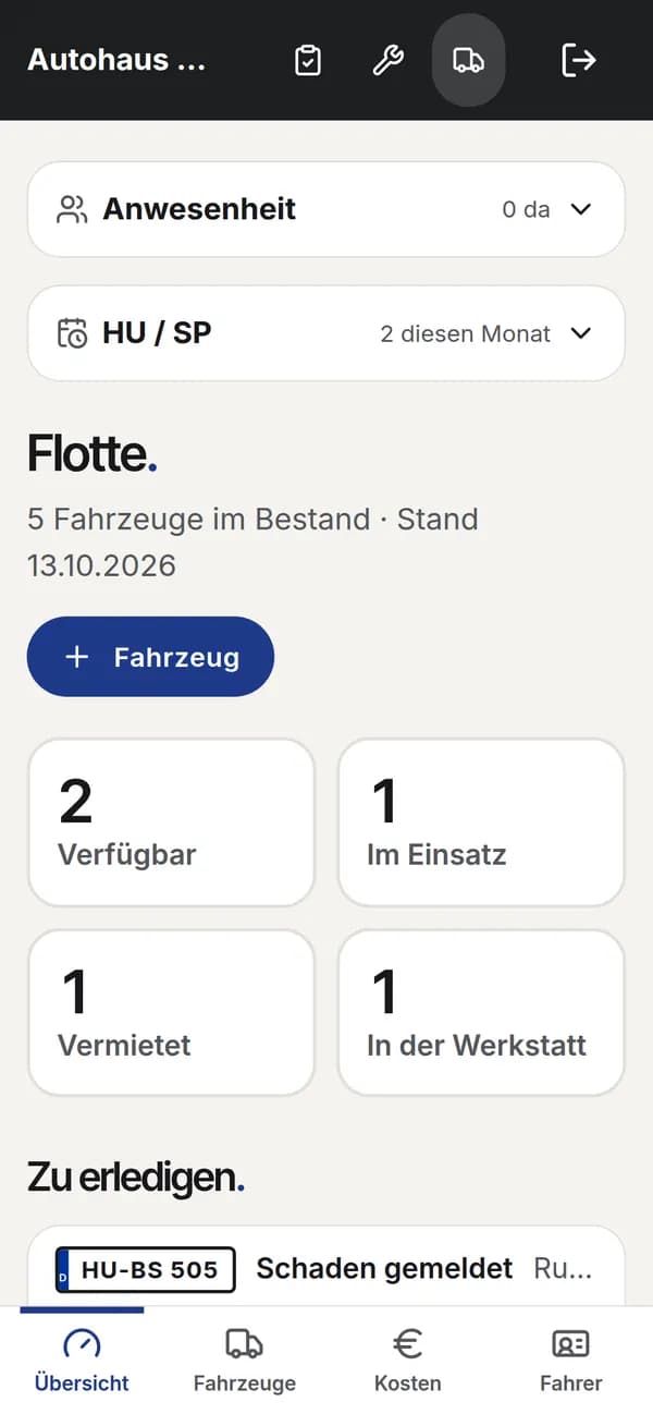 Übersicht: verfügbar, im Einsatz, vermietet, in der Werkstatt – und was zu erledigen ist